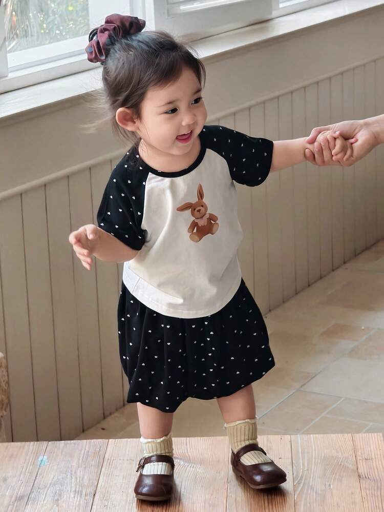 2pcs Baby Girls' Contrast Color Raglan Sleeve T-Shirt And Pants Set Summer Toddler Girls Clothes