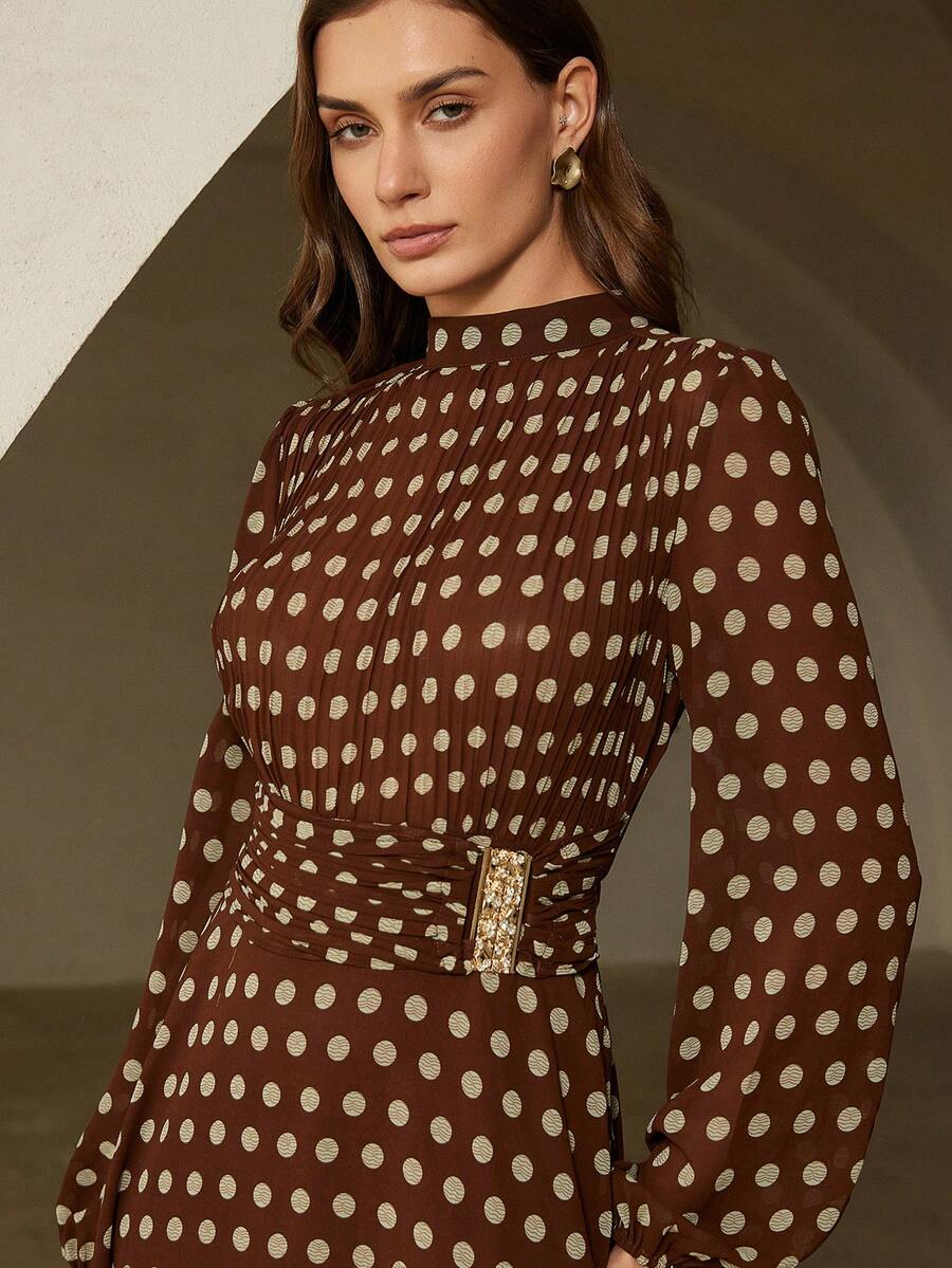 Aveloria Rosie Elegant Polka Dot Flowy Dress With Metal Waist Buckle And Pleated Bust Design, Long Sleeve - Multicolor - View 1
