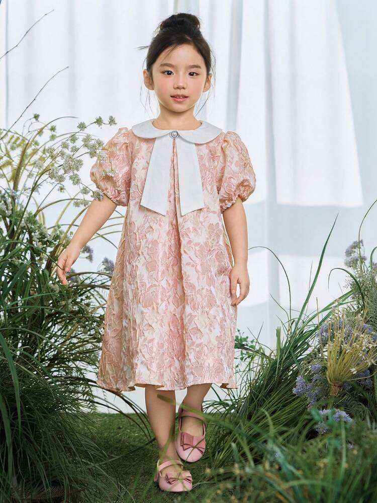 Young Girl' Peter Pan Collar Bow Contrast Color Party Birthday Korean Floral Textured Short Sleeve Dress Vacation
