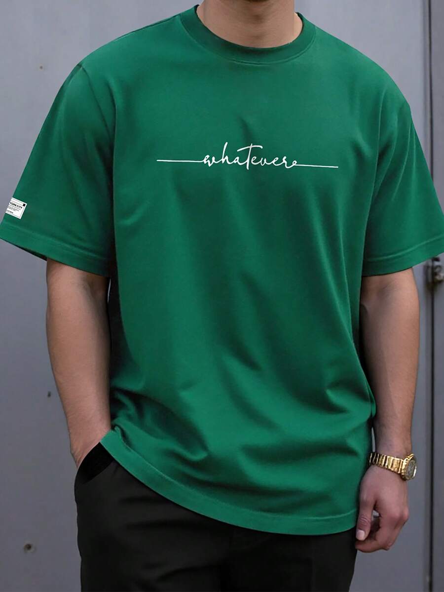 Manfinity Homme 男士极简印花圆领短袖T恤 - 墨綠色 - 查看 1