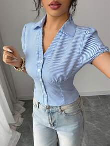 SHEIN Elenzya Women's Front Button Fitted Striped Puff Sleeve Blouse - Blue - View 1