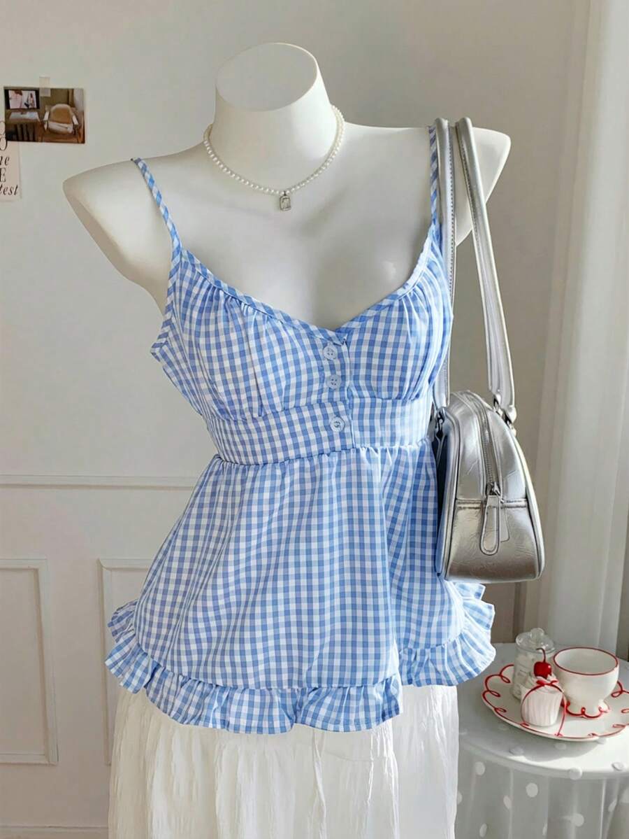 SHEIN EZwear 女士宽松休闲蓝色格子荷叶边吊带背心,春夏款 - 藍色 - 查看 1