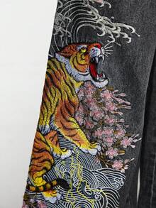 ROMWE Grunge Punk 男女皆宜的复古街头风中国虎纹花卉刺绣宽松阔腿牛仔裤 - 黑色 - 查看 3