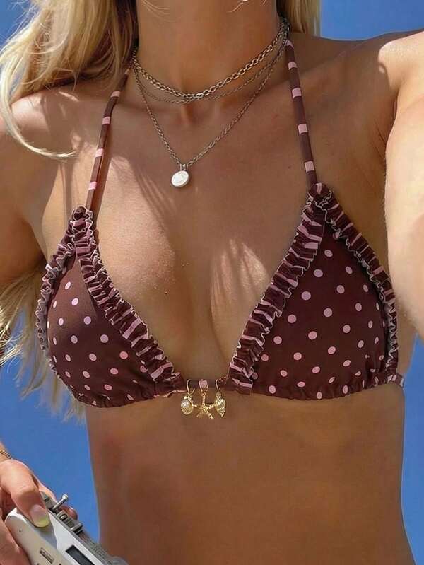 Swim Mod Women's Summer New Beach Vacation Stylish Sweet Cute Polka Dot Striped Contrast Color Print With Ruffle Trim Sexy Halter Backless Bikini Swimsuit Top