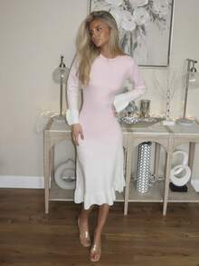 Sydney Algeri Women's Autumn/Winter New Round Neck Ombre Unique Design Ruffle Hem & Cuff Fashionable Elegant Elegant Date Casual Fitted Knit Midi Sweater Dress - Pink - View 6