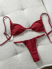 Swim Mod-D 女士纯色细肩带红色串珠装饰比基尼套装，春夏款 - 紅色 - 查看 3