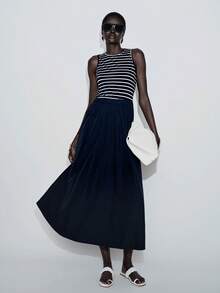 Lumivelle Women's French Nautical Navy Striped Patchwork Sleeveless High Waist Elastic Waist Flowy Dress - Navy Blue - View 6