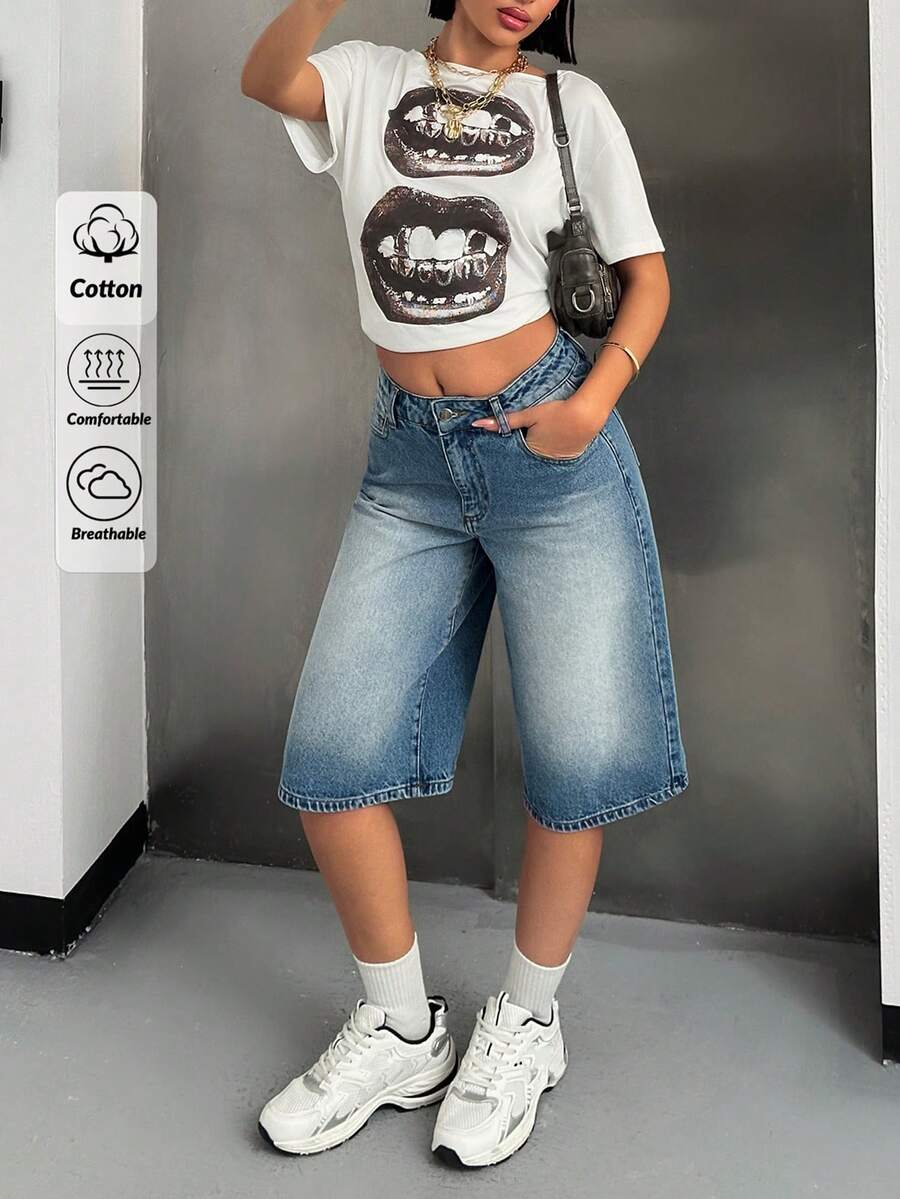 EURMUSE Quần short denim nữ ống rộng, có túi, dáng suông, đa năng. - Rửa trung bình - Xem 1
