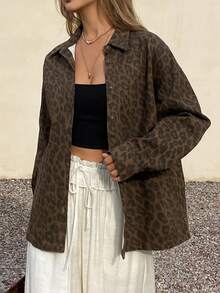 DAZY Loose Casual Vacation Style Brown Leopard Print Butterfly Women Denim Jacket And Coat, Spring/Summer - Brown - View 6