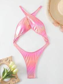 Swim SXY Summer Beach Women's Pink Front Crossing One-Piece Swimsuit - Pink - View 4