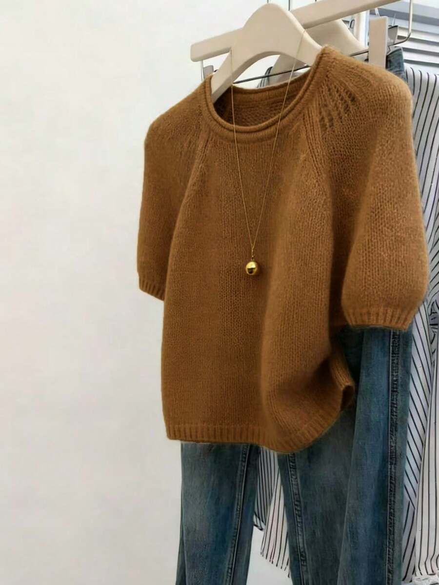 INAWLY Classic Short Sleeve Crew Neck Knit Top - Brown - View 1