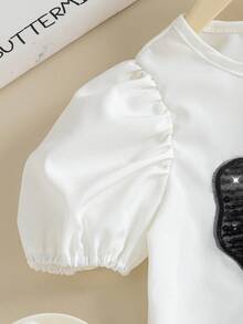 年轻女孩时尚简约黑色蝴蝶结装饰短款泡泡袖衬衫 - 白色 - 查看 3