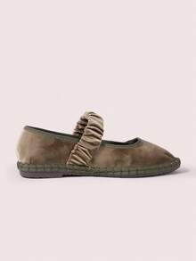 CUCCOO DOLLMOD Zapatos planos de estilo Mary Jane de terciopelo plisado elástico naranja brillante, elegantes y cómodos para mujer - Caqui / Verde - Ver 2