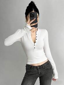 DAZY Women's Half-Zip Long Sleeve Bodycon T-Shirt - White - View 5