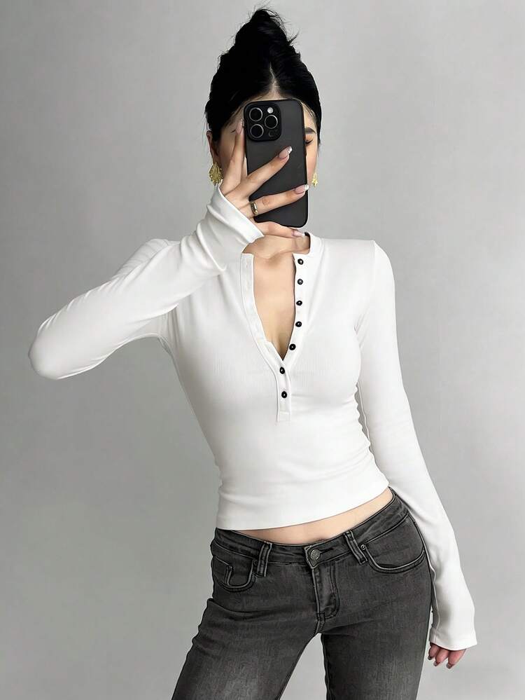 Women's Half-Zip Long Sleeve Bodycon T-Shirt Y2k