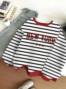 SHEIN Leap Crew 少女多巴胺条纹休闲简约“NEW YORK”字母宽松圆领舒适长袖卫衣，适合秋冬季节，秋季外出穿着，轻松舒适，秋季叠穿，时尚休闲，图案卫衣，返校季，返校节，年轻长袖上衣，美学学院风，12 Y2k - 彩色 - 查看 3