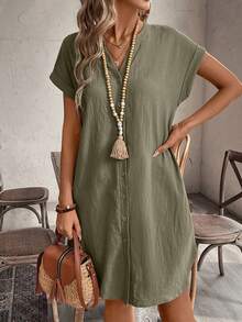 EMERY ROSE Women's Solid Color Button Front Short Sleeve Casual Mini Dress,Summer Dresses For Women - Army Green - View 7