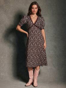 WESTFADE 碎花蕾丝V领泡泡袖中长吊带裙，适合春季、度假、夏季、春假、节日、休闲、可爱、波西米亚风、纳什维尔乡村音乐会、西部牛仔风等场合。 - 棕色 - 查看 5