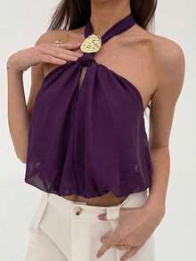 Aloruh 女士新款时尚金属装饰简约纯紫色通勤吊带背心 - 紫色 - 查看 7