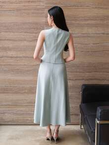 DAZY 女士优雅纯色仿口袋背心半裙两件套，春夏婚礼宾客礼服 - 藍色 - 查看 2