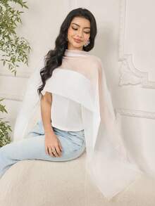 Modelyn 女士优雅纯色网纱披肩上衣 - 白色 - 查看 3