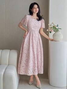 女士优雅纹理纯色荷叶袖褶皱A字连衣裙，夏季婚礼宾客礼服，复活节吊带裙 - 粉色 - 查看 5