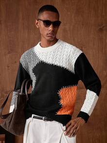 AKNOTIC 男士撞色圆领长袖休闲宽松套头毛衣 - 彩色 - 查看 1