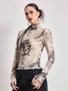 ROMWE Avant Slim Fit Women's Top With Peacock Print And Mesh Fabric, Modern Chinese Style