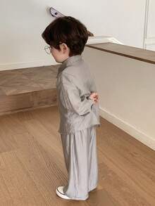 DAZY Toddler Boys' Fashion Shirt Set, Korean Style Casual Outfit, Grey, Lightweight Shirt Top And Wide Leg Pants 2-Piece Set, Spring/Summer/Autumn - Dark Grey - View 5