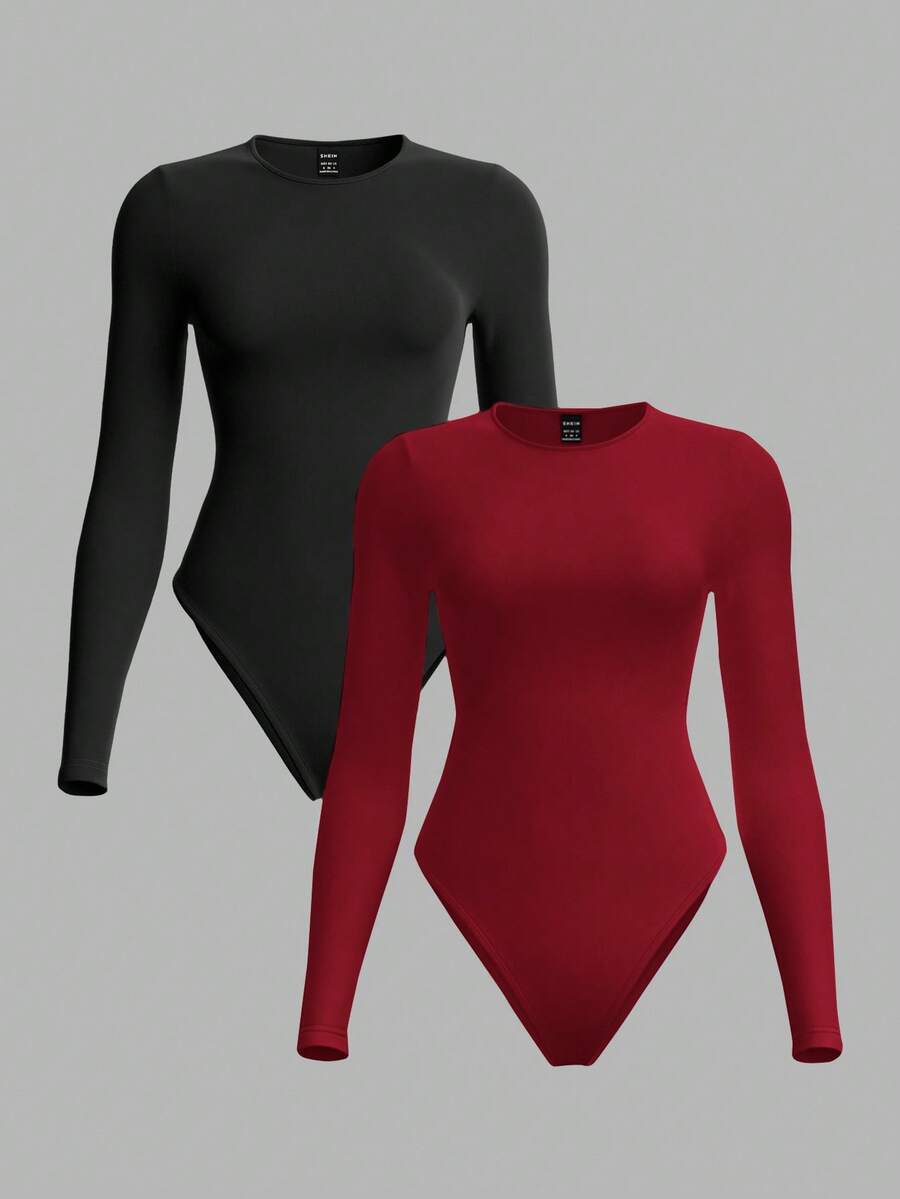 SHEIN Tall 2pcs/Set Women Solid Color Knitted Round Neck, Casual, Cozy Chic, Slim And Versatile Long Sleeve Bodysuit - Multicolor - View 1