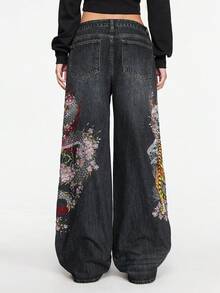 ROMWE Grunge Punk 男女皆宜的复古街头风中国虎纹花卉刺绣宽松阔腿牛仔裤 - 黑色 - 查看 2