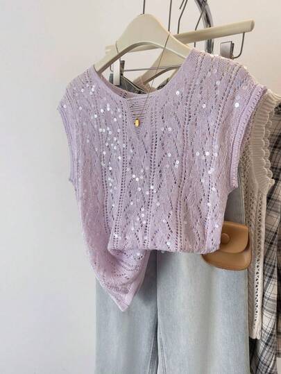 Franclia 薰衣草色亮片钩编镂空时尚优雅休闲通勤度假短袖针织上衣，适合春夏穿着