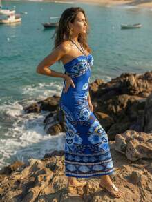 CAJUNI Women's Floral Print Twist Front Bodycon Halter Dress, Vacation Style - Blue - View 3