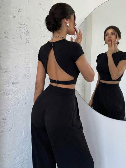 Firerie Women's Elegant Simple Chic Sexy Romantic Backless Short Sleeve Blouse, Suitable For Commuting, Music Festival, Party, Valentine's Day, And Dates