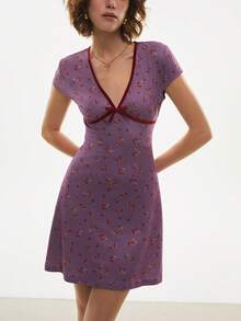 Poéselle 女士休闲碎花迷你连衣裙，夏季 - 紫色 - 查看 1