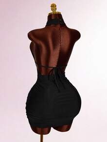 Amplova Women's Fashionable Sexy Halter Backless Mini Dress  Summer Dress Spring Outfit Women Valentine's Day Beach Dress Party Dress Wedding Guest Dress For Women Elegant Dresses For Women Vacation Outfits Women Hollow Out Top Criss Cross Dress Black See Through Top Black Sexy Tops Black Mesh Top - Black - View 9