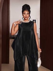 Maweii Plus Size Women 2 Pieces Set Asymmetrical Vest & Casual Pants Suit, Suitable For Vacation, Outdoor, And Commute, Summer - Black - View 3