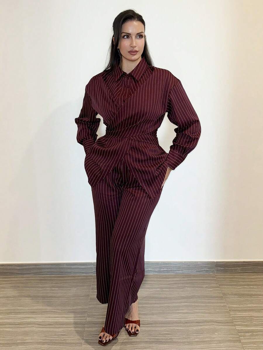 MDEdit 2 件套女士收腰韩版复古风格衬衫和裤子,适合通勤和日常穿着 - 酒紅色 - 查看 1