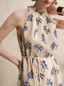 Airaco Đầm linen cổ yếm in họa tiết cây cỏ dành cho nữ - Màu be - Xem 3