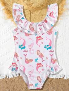 Young Girls Round Neck Ruffle Mermaid Print One-Piece Swimsuit, Summer - Multicolor - View 2
