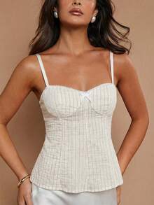 COSMINA Striped & Lace Patchwork Fitted Camisole Top, Summer - Apricot - View 5
