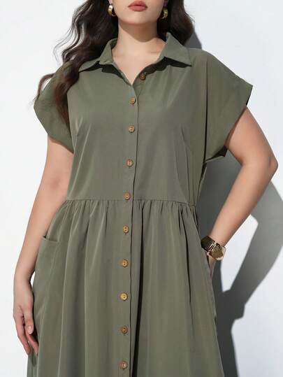 Maija 2026新款加大码绿色连衣裙，短袖大口袋喇叭裙，春夏连衣裙，舒适面料，浪漫情人节，女士外出装，女士商务休闲装，都市休闲时尚装，简约时尚通勤装，优雅茶会礼服，派对装，休闲宽松日常连衣裙，纯色畅销款