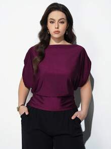 Maija 大码蝙蝠袖修身短袖上衣，优雅复古风，浪漫时尚，百搭；舒适、时尚、优雅、休闲，简约日常必备，纯色，适合假日休闲，得体，单身女士，优雅时尚商务休闲外套 - 酒紅色 - 查看 4