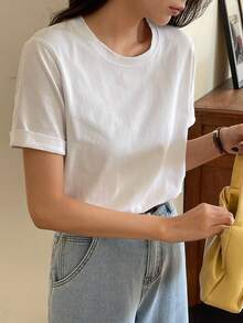 DAZY Camiseta de manga corta blanca de algodón casual, elegante y versátil para mujer, primavera/verano - Blanco - Ver 5