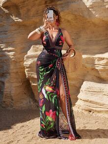 Swim Oasis Plus Size 2pcs Women Floral Print Crew Neck One-Piece Swimsuit With Matching Printed Skirt, High-End Swimwear Set Suitable For Summer Beach And Vacation - Multicolor - View 3