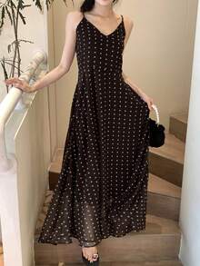 DAZY 女士波点优雅时尚约会派对长吊带连衣裙 - 棕色 - 查看 10