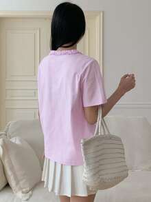 DAZY Women's Casual Frill Trim Fitted T-Shirt, Stylish For Dates, Spring/Summer - Purple - View 2