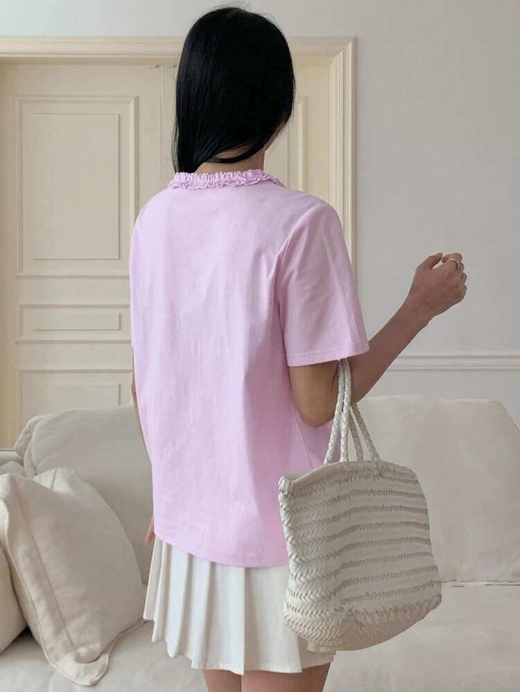 Women's Casual Frill Trim Fitted T-Shirt, Stylish For Dates, Spring/Summer