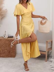 Wandoria Đầm maxi nữ thanh lịch, sang trọng, nhẹ nhàng, kiểu bohemian, thích hợp cho kỳ nghỉ/công sở, đi làm, màu trơn, cổ chữ V, tay bồng, eo chun, vạt xòe, xẻ tà trước, có túi cài nút trang trí, thích hợp cho mùa xuân/hè. - Màu vàng - Xem 7