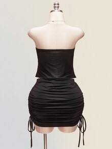 SHEIN ICON Plus-Size Women's Retro Y2K Black Summer 70's Night Out Club Party Hollowed-Out Drawstring Mesh Strapless Top&Slim Pencil Skirt Set,Valentine's Day - Black - View 2